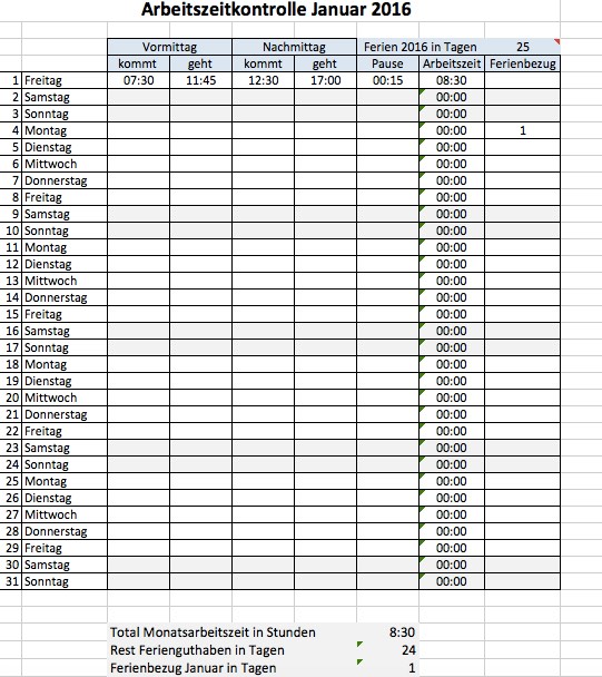 Zeiterfassung Excel Vorlage MusterVorlage.ch