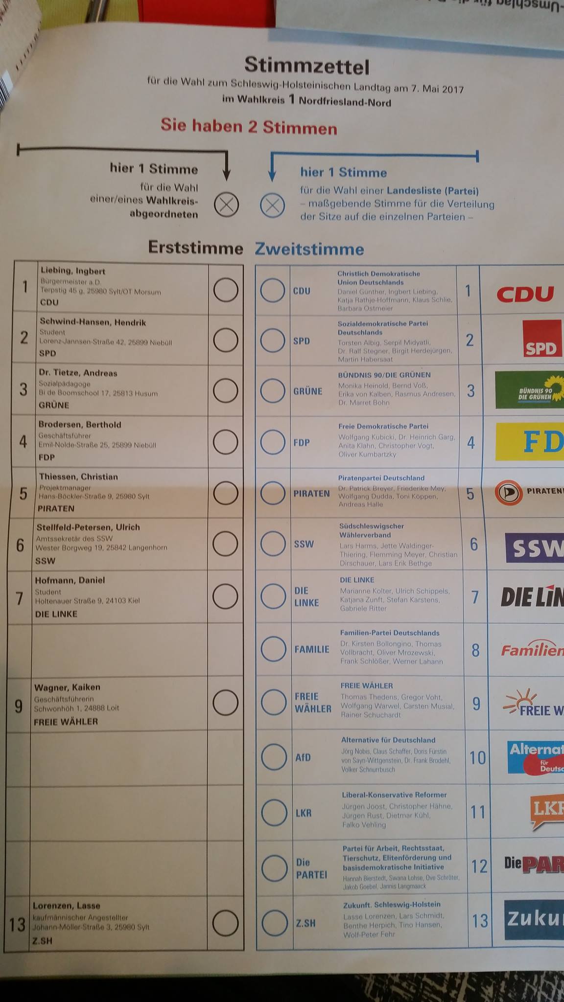 Musterstimmzettel zur Landtagswahl 2017 in SchleswigHolstein