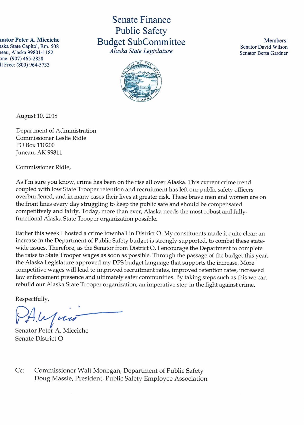 Micciche letter to Administration Must Read Alaska