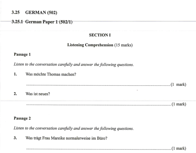 KNEC KCSE 2019 German Paper 1 (Past Paper with Marking Scheme
