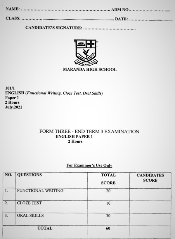 Maranda English PP1 Form 3 End of Term 3 2021 Past Paper ( With Marking