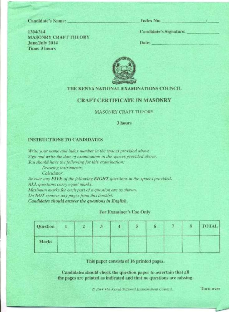 KNEC Exam for Craft Certificate in Masonry 2014 & 2015