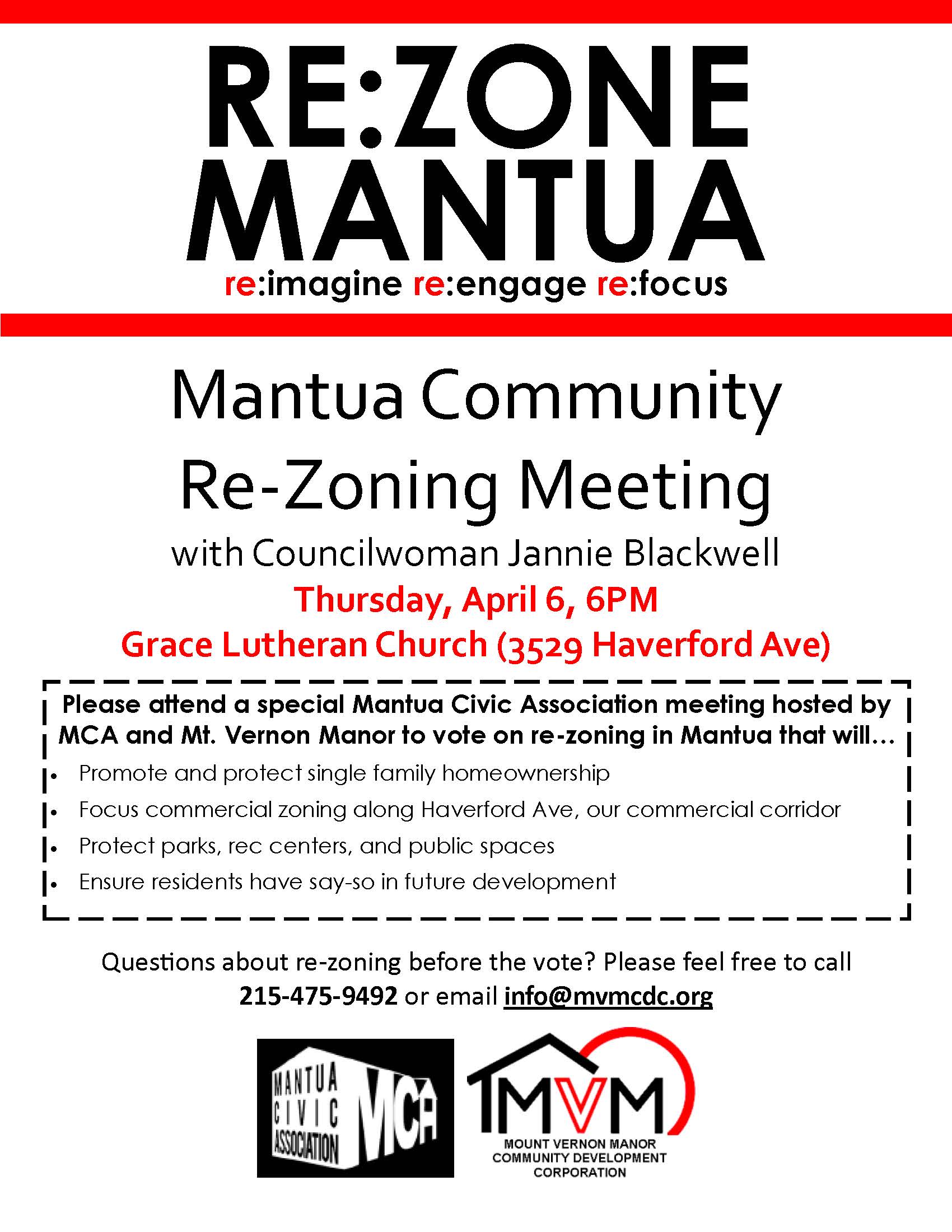 Rescheduled Mantua ReZoning Meeting Mt. Vernon Manor CDC