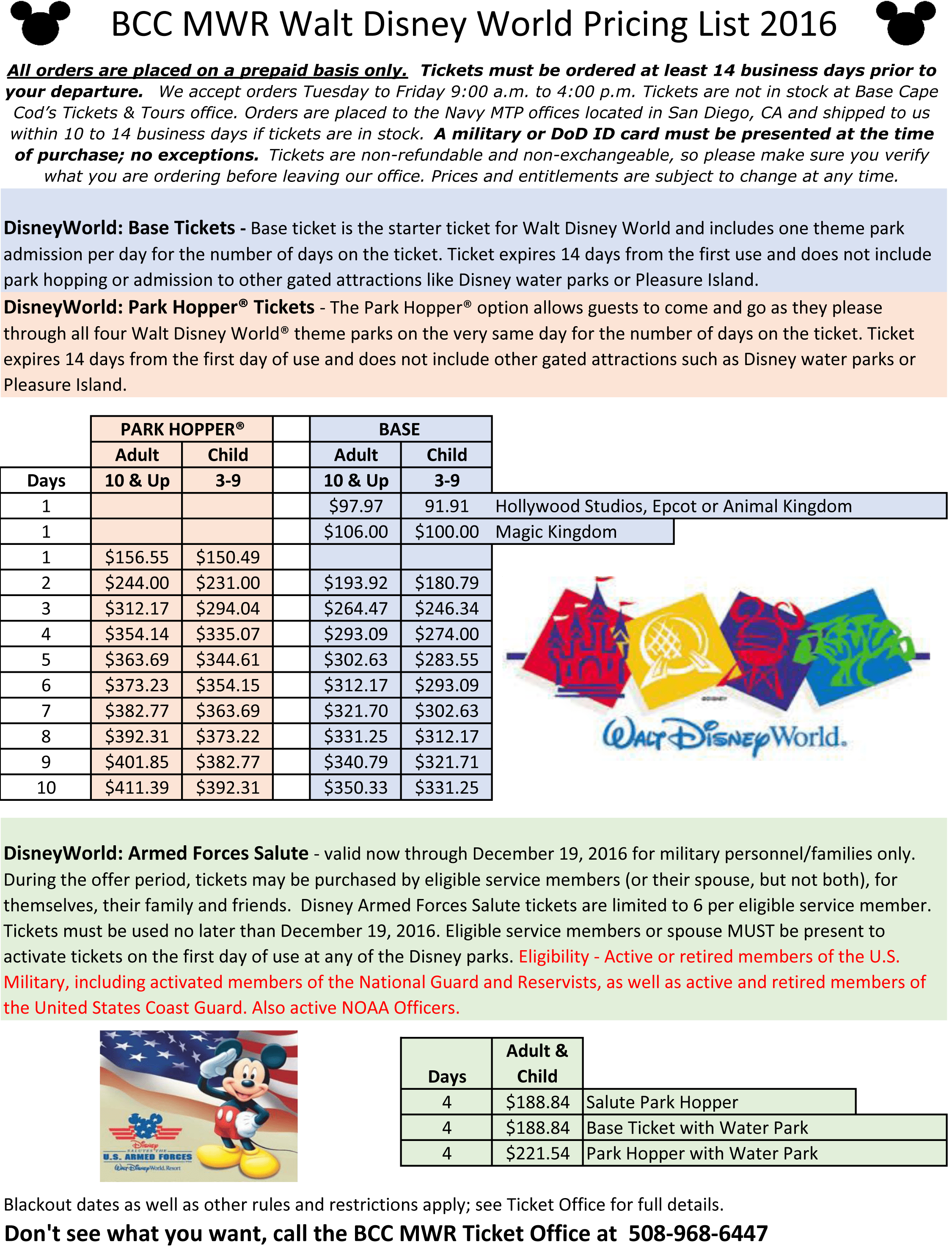 DisneyTicket Prices 2016 USCG Base Cape Cod MWR