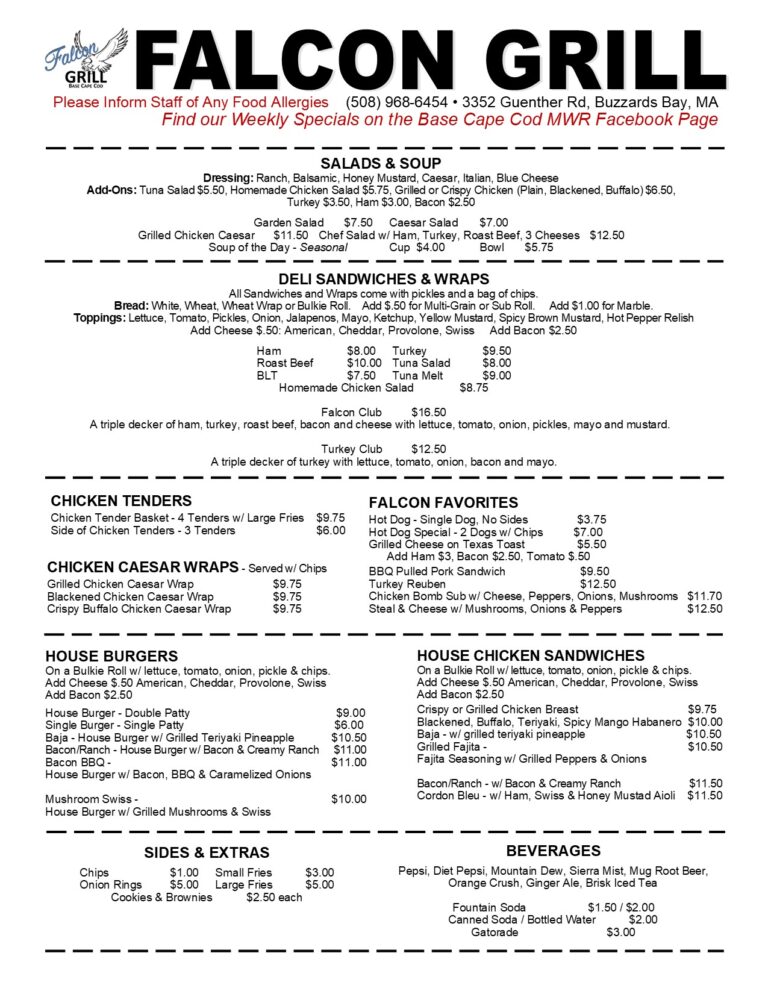 Falcon Grill Menu & Weekly Special November 27 USCG Base Cape Cod MWR