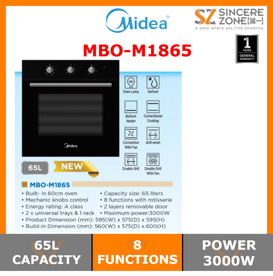 [FOR KLANG VALLEY ONLY] MIDEA BUILT IN OVEN MBOM1865 / 65L / 8