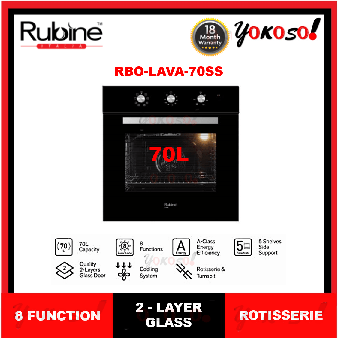 RUBINE RBOLAVA70SS BUILT IN OVEN 70L / 8FUNCTION / ROTISSERIE