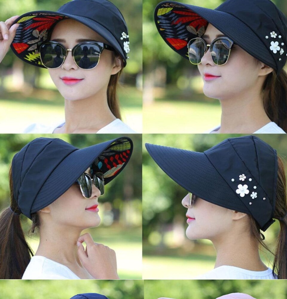 (FREE STRAP) WJS Women Sun Hat Flower Floral Outdoor Hat Exercise Hat