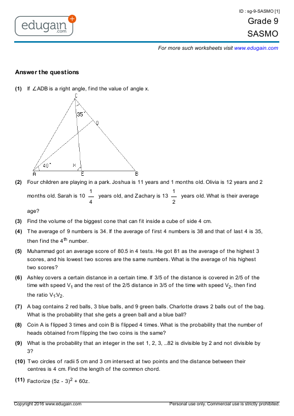 Grade 9 math exam Practice Test with answers PDF Grade 9.