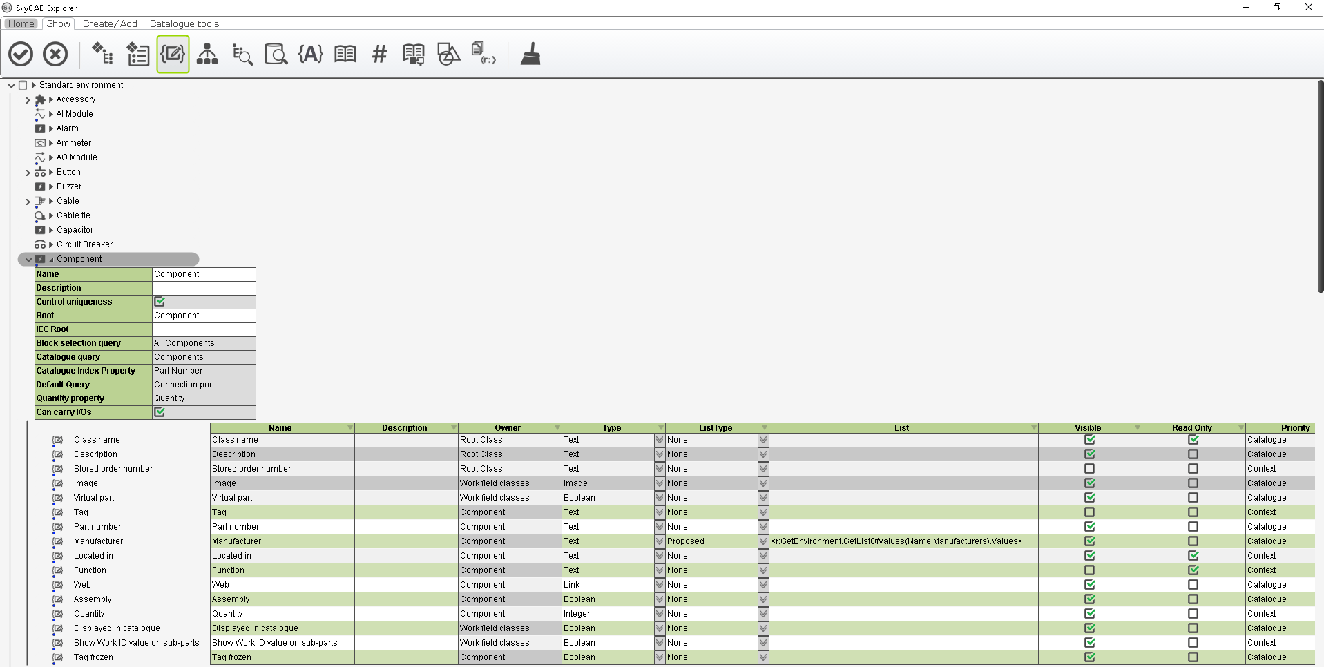Add property definition to all component in the catalog SkyCAD