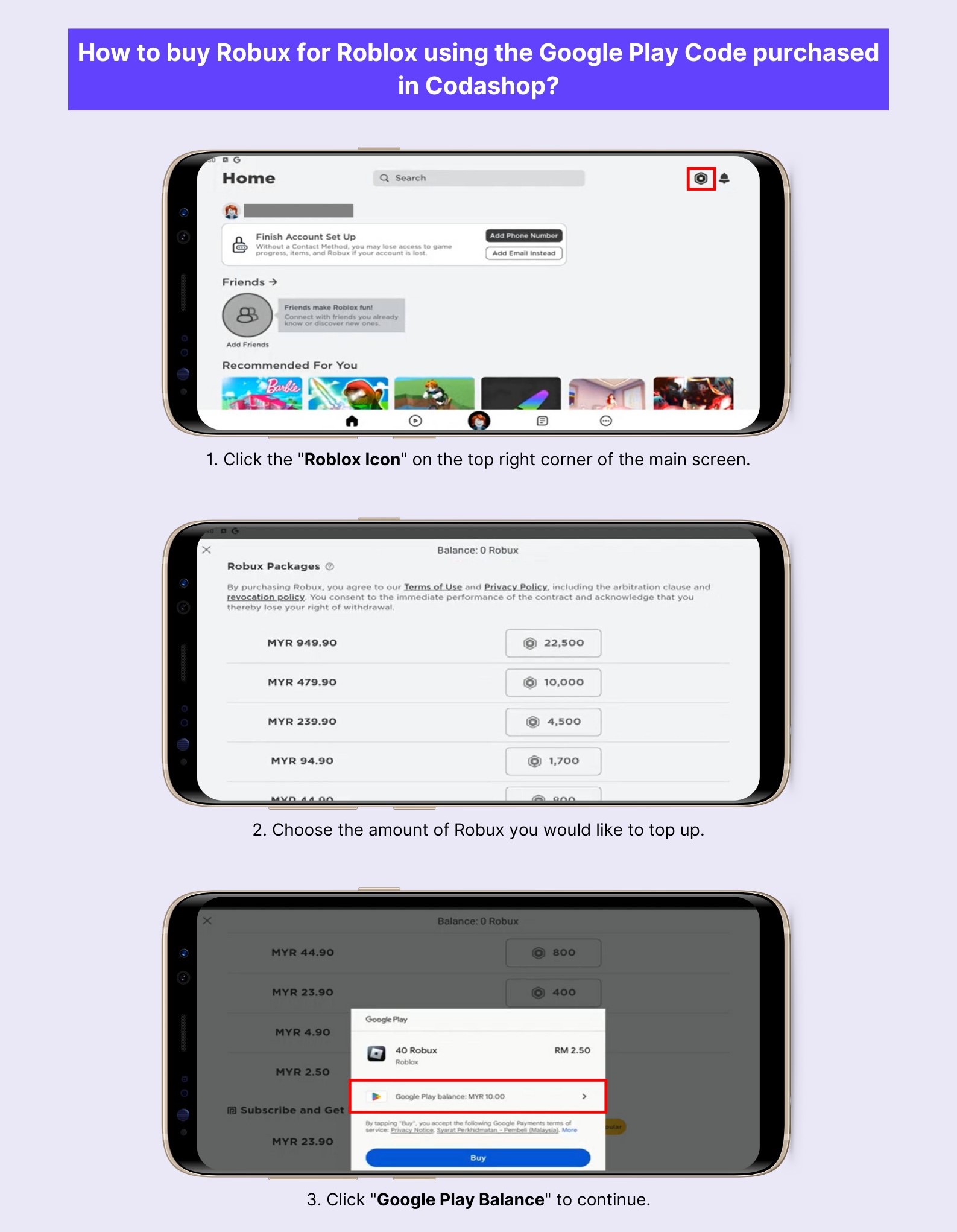 How to buy Robux for Roblox using the Google Play Code purchased in