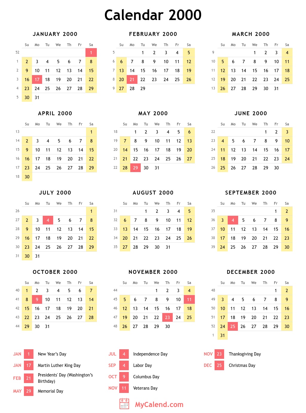 2000 Calendar with holidays free printable calendar