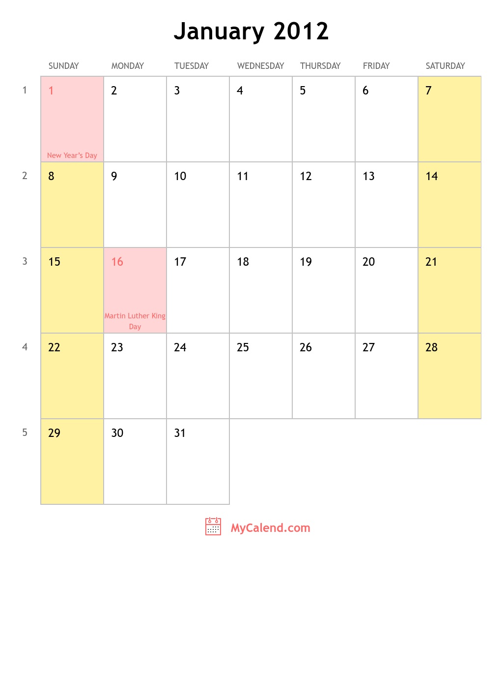 January 2012 calendar with holidays monthly printable calendar