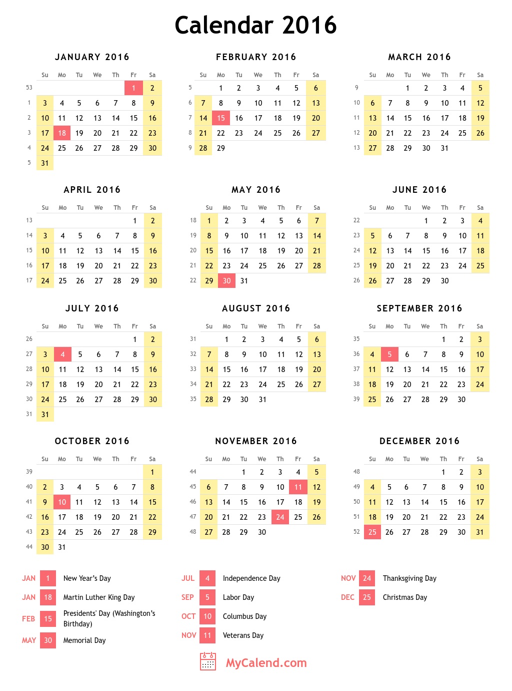 2016 Calendar with holidays - free printable calendar