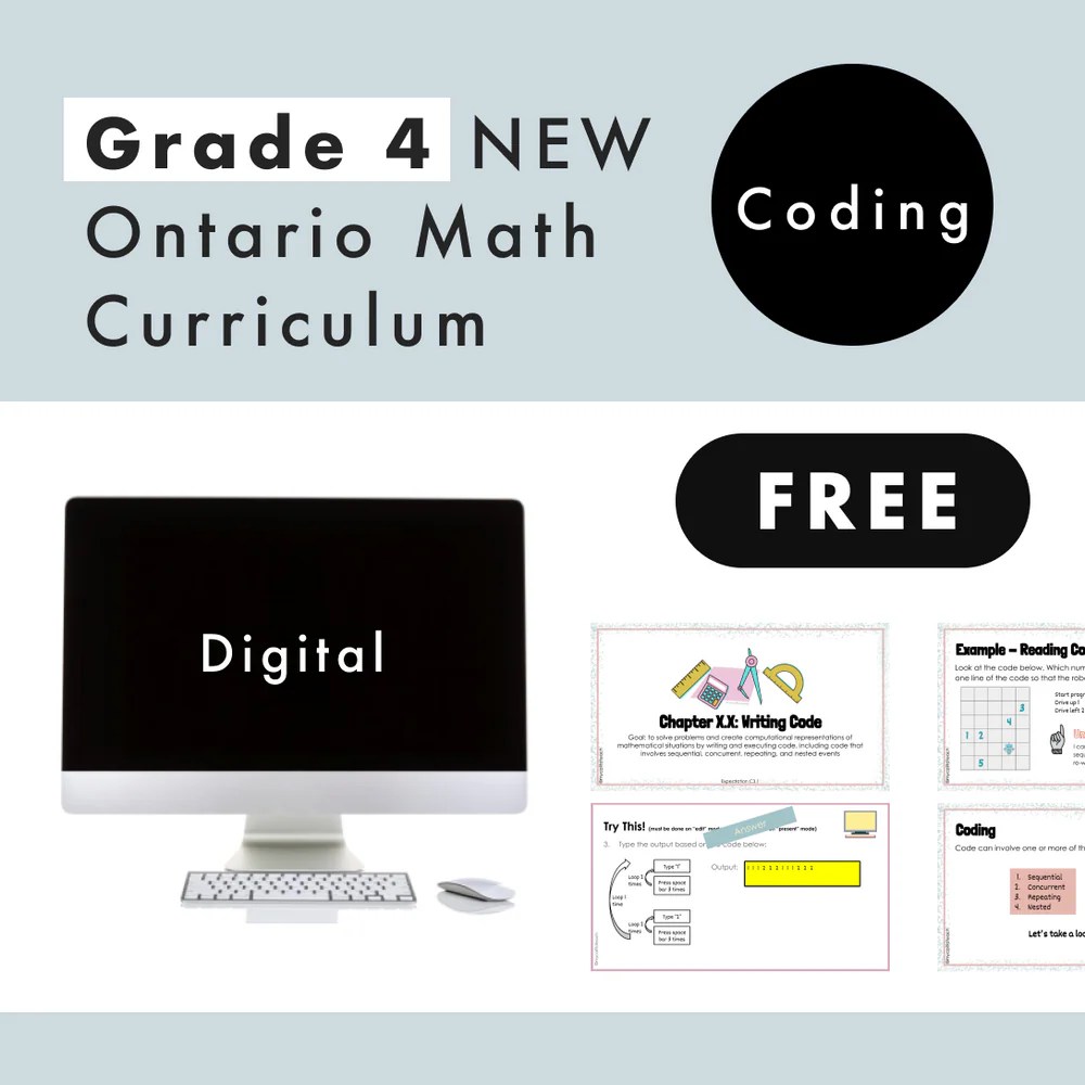 FREE Grade 4 NEW Ontario Math Curriculum Coding Digital Slides My
