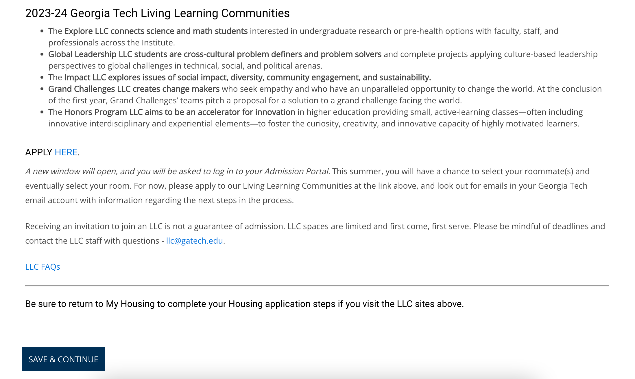 FirstYear Housing Application Step 5 Tech