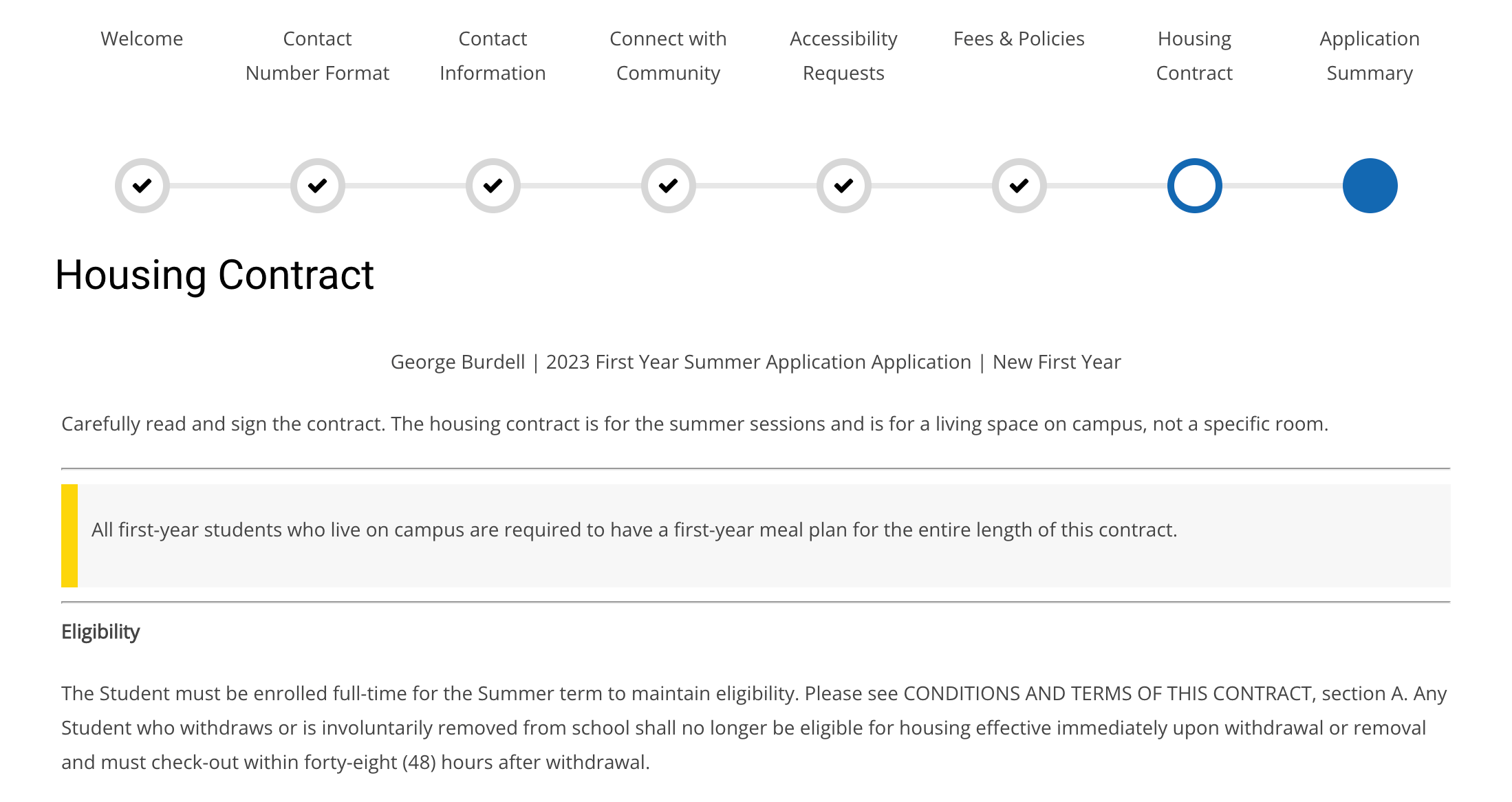 FirstYear Housing Application Step 10 Tech