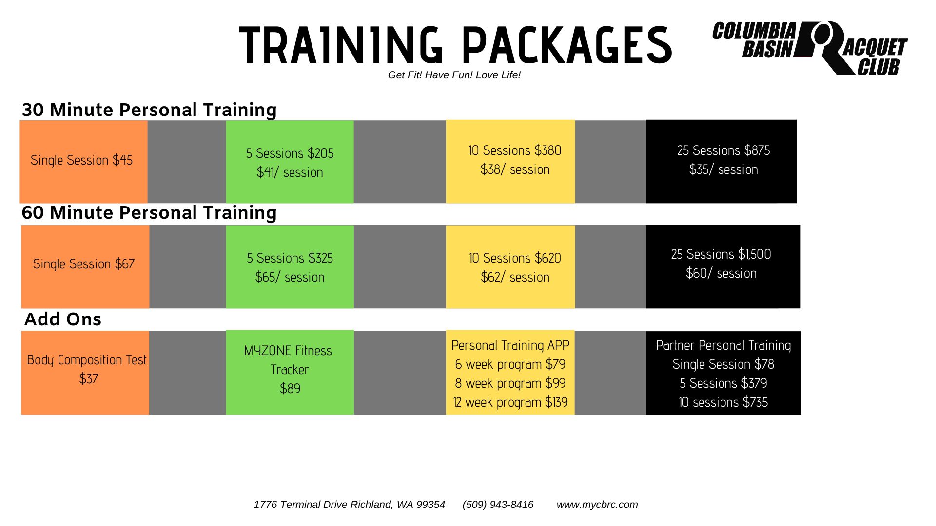 PT packages 2020 CBRC Health & Fitness
