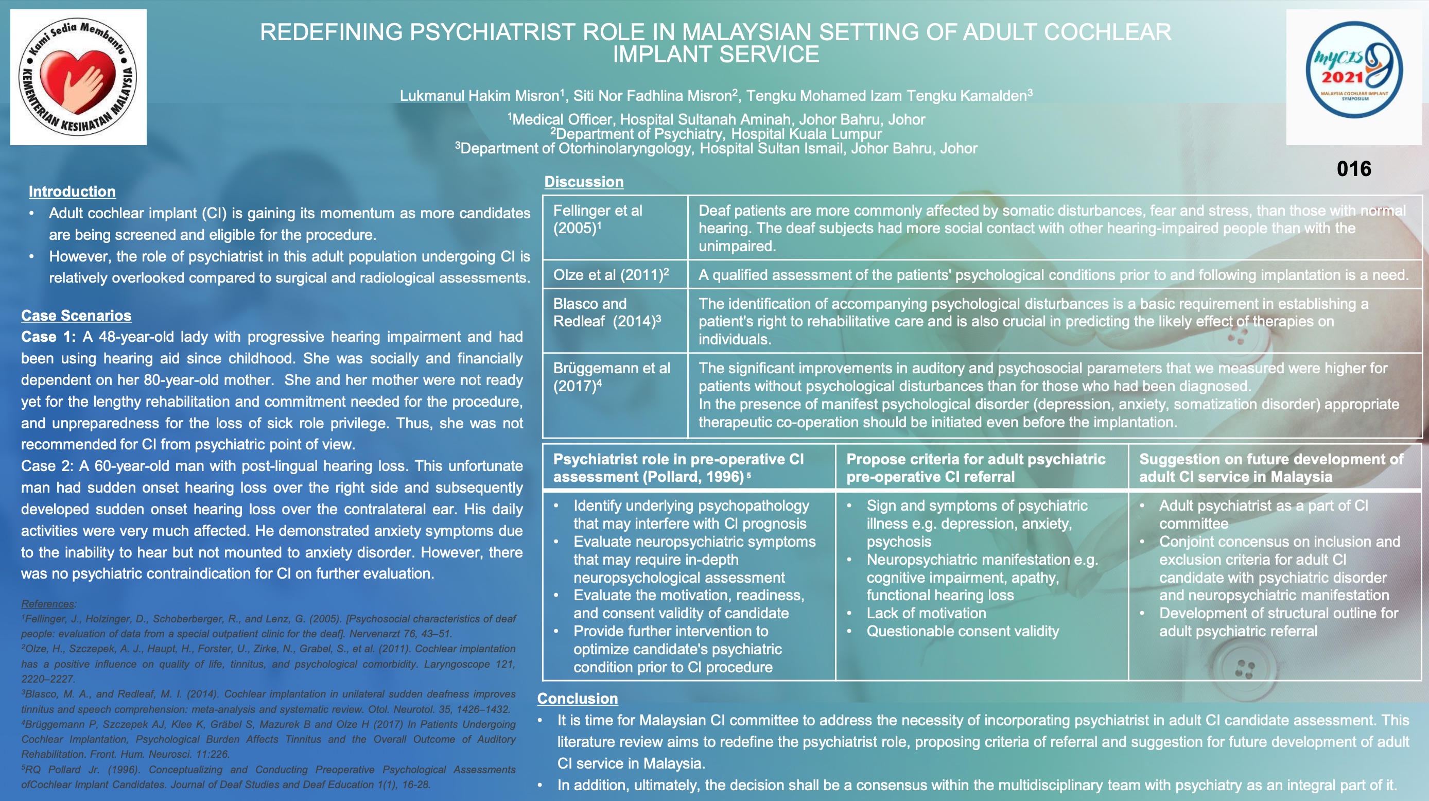 REDEFINING PSYCHIATRIST ROLE IN MALAYSIAN SETTING OF ADULT COCHLEAR