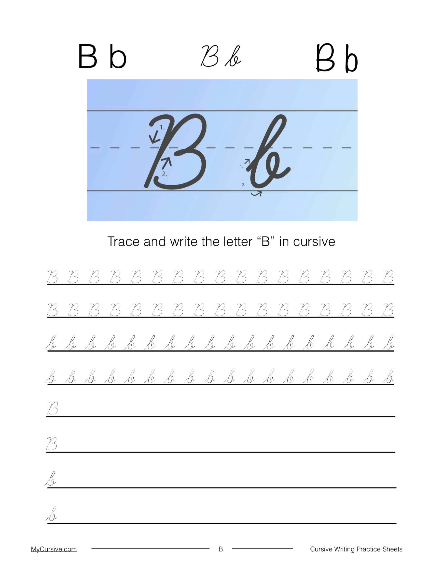 How to Write a Cursive B [Printable B in Cursive Worksheet]