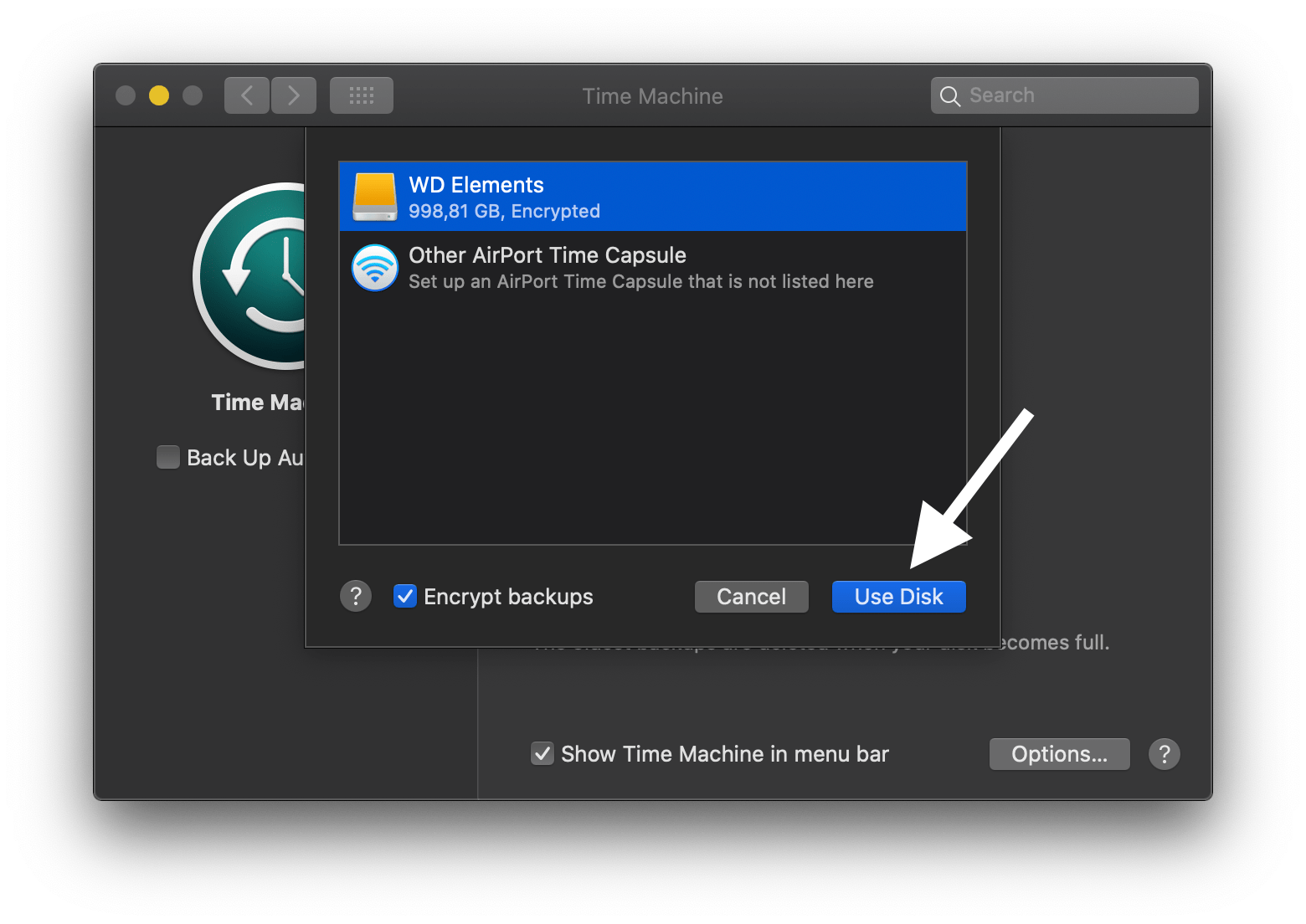 How to make Time Machine backup to external storage drive