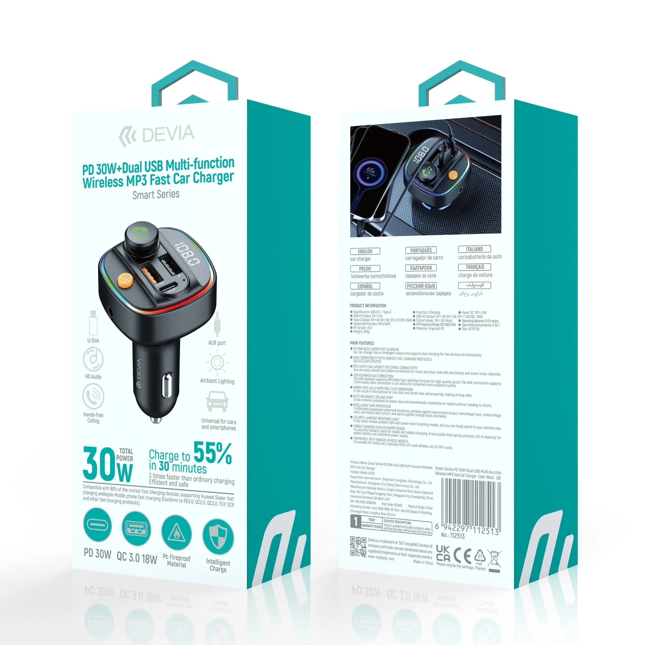 Smart Series PD30W+Dual USB Multifunction Wireless MP3 Fast Car