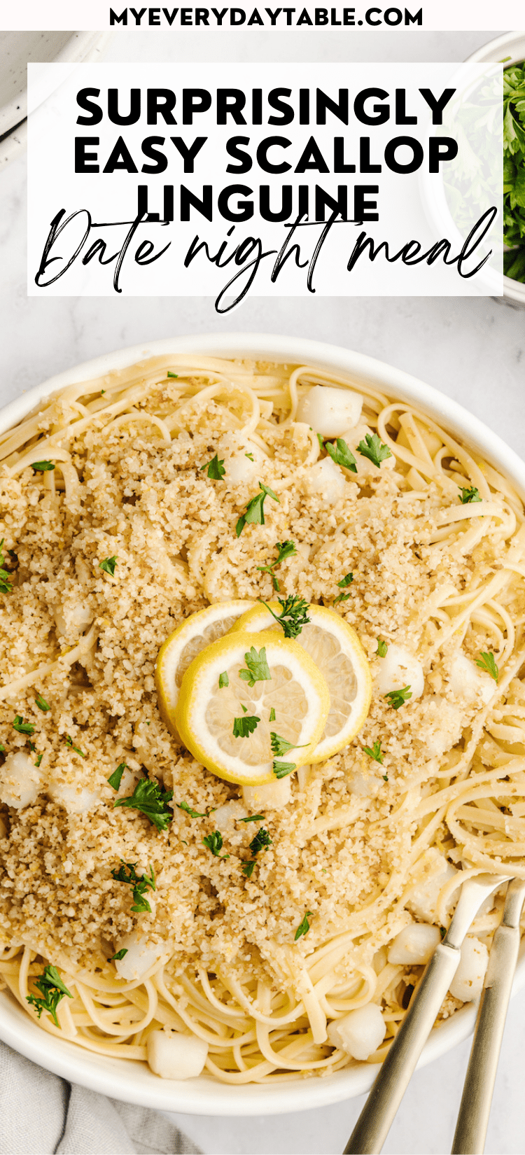 Easy Bay Scallop Linguine Recipe topped w/ Crunchy breadcrumbs