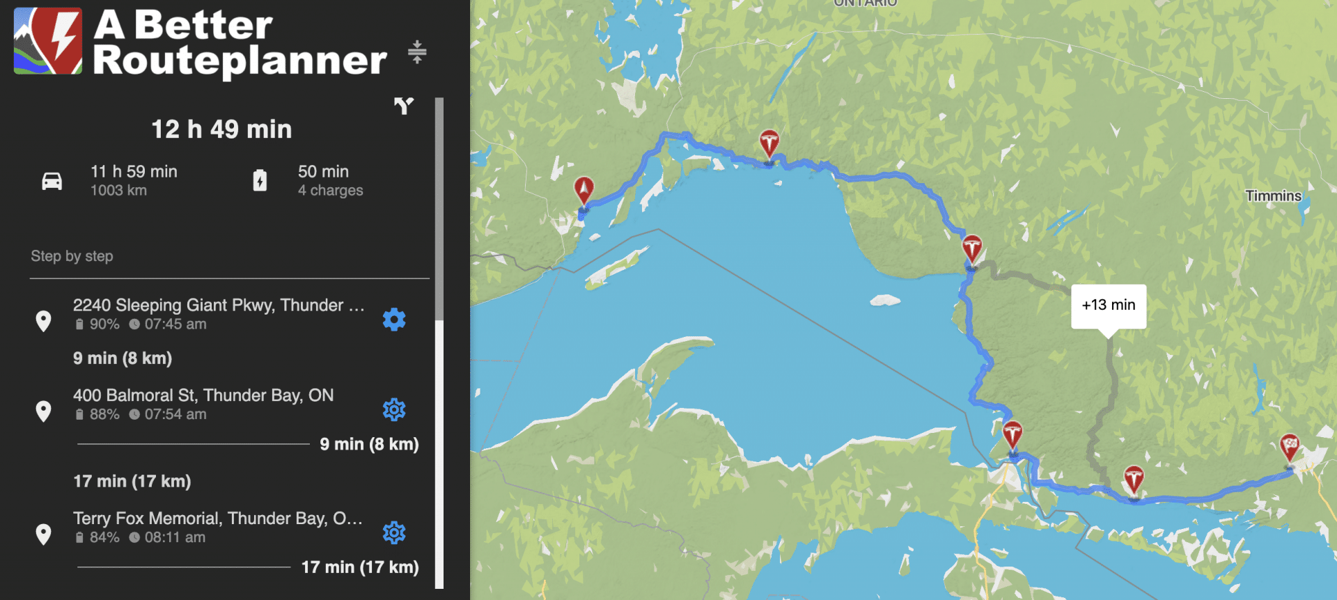 Vancouver to Toronto EV Trip Plan Expected Cost and Charging Times