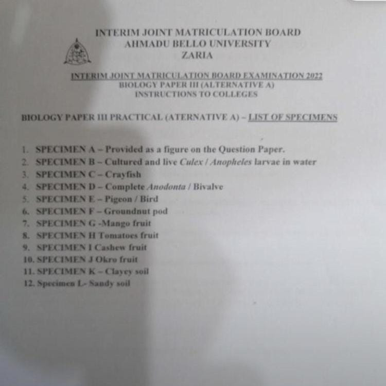 IJMB Practical Specimen and Instructions to Schools for 2022/2023 Academic Session