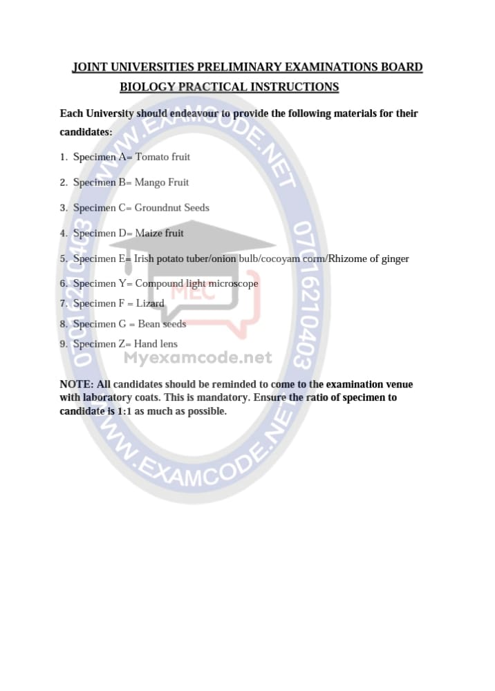 JUPEB Practical Specimens and Instructions to Universities for 2022/