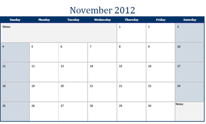 Printable PDF November 2012 Calendar | November 2012 Calendar PDF
