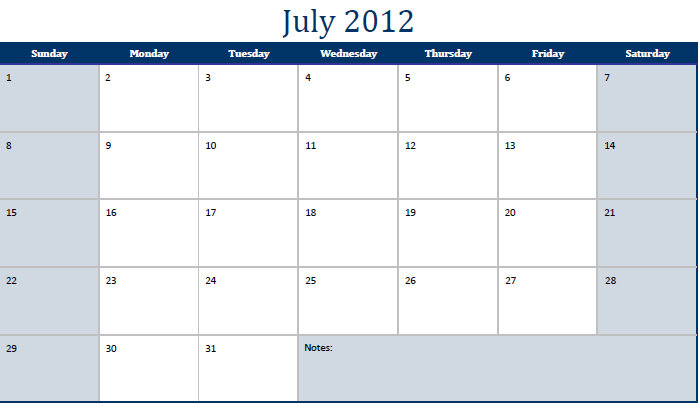 Printable PDF July 2012 Calendar | July 2012 Calendar PDF