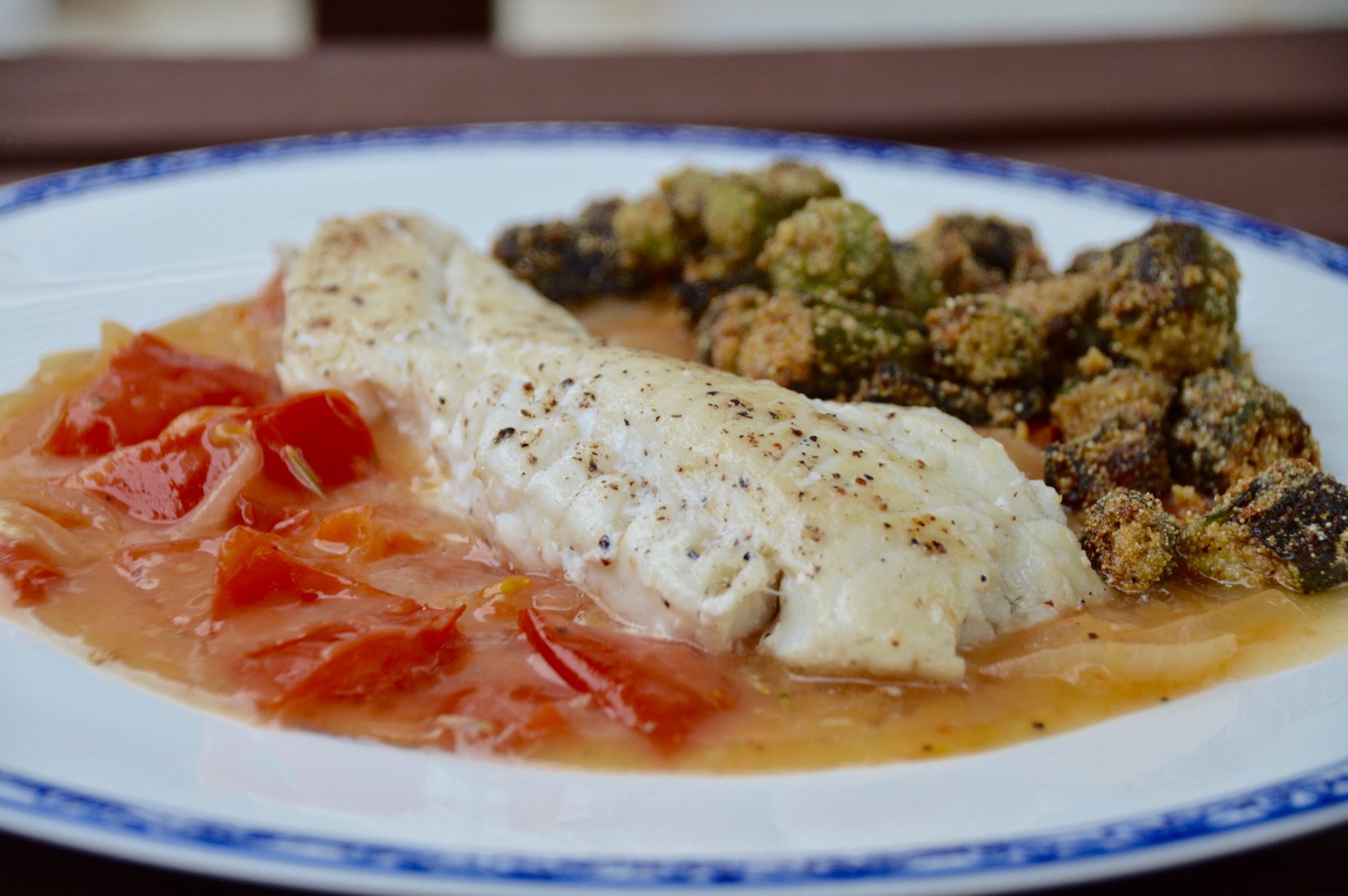 Tautog with Creamy Tomatoes and Cornmeal Fried Okra My Fishing Cape Cod