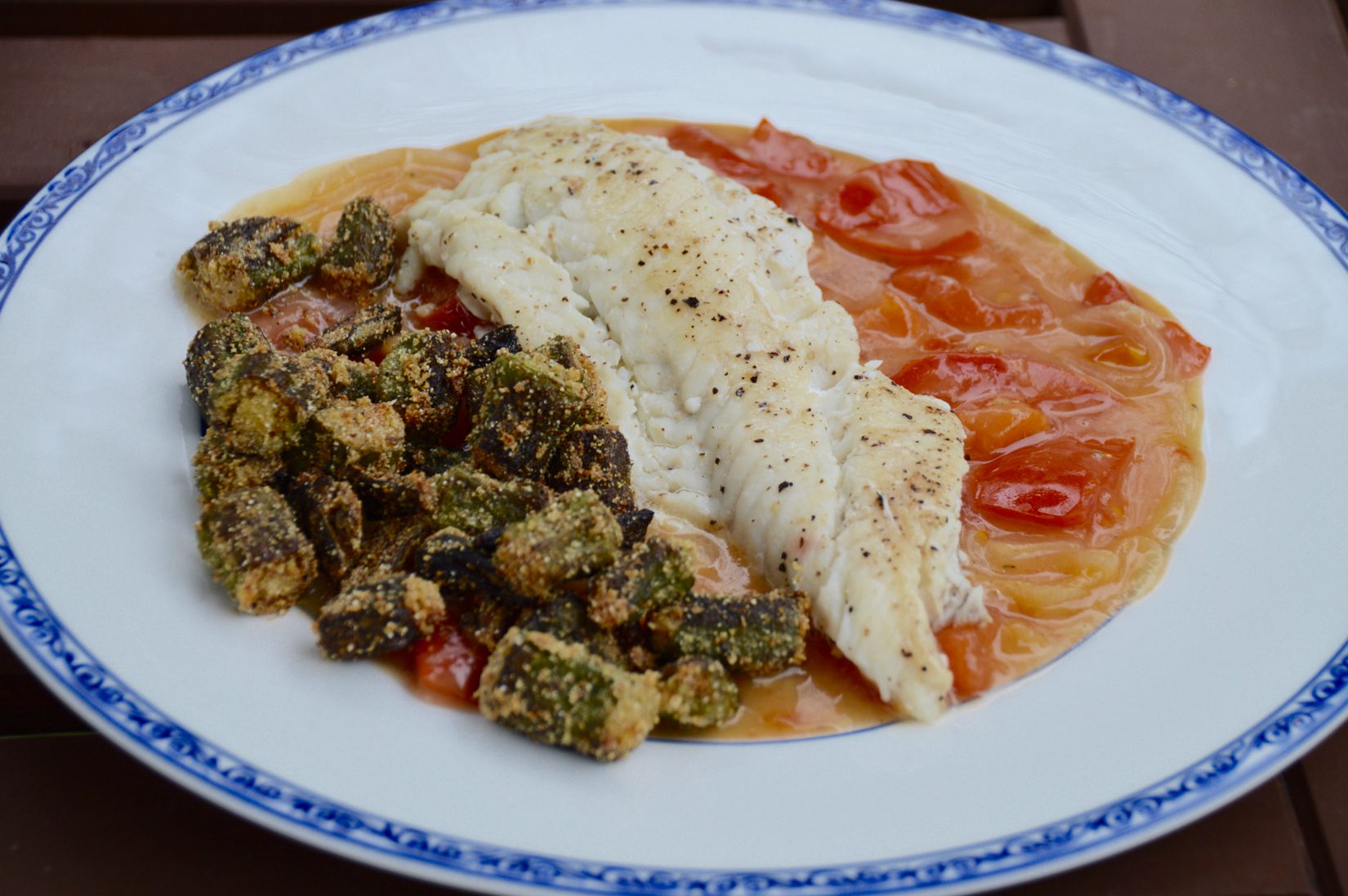 Tautog with Creamy Tomatoes and Cornmeal Fried Okra My Fishing Cape Cod