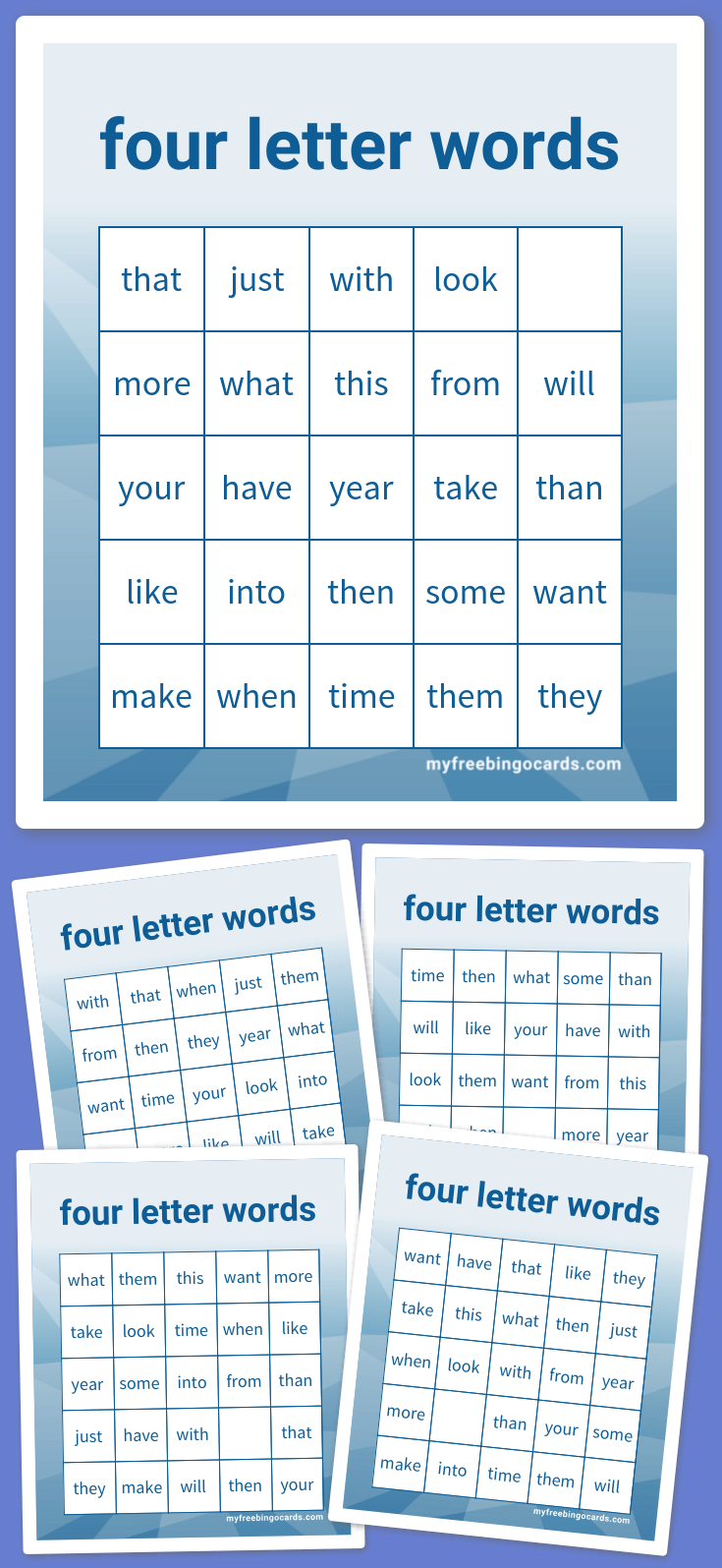 Kids four letter words bingo