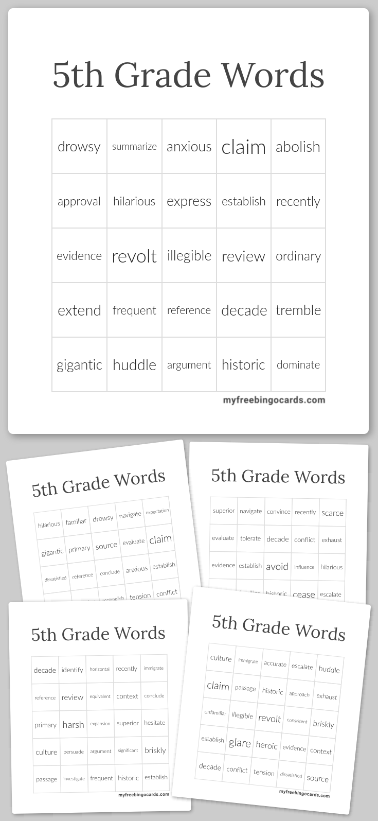 Virtual 5th Grade Words Bingo