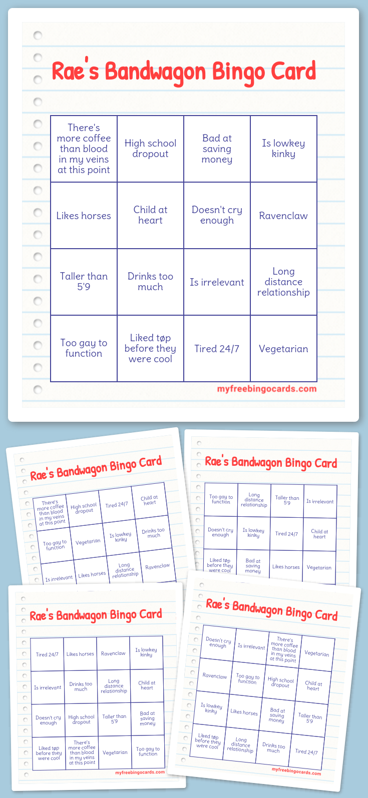 Virtual Rae's Bandwagon Bingo Card