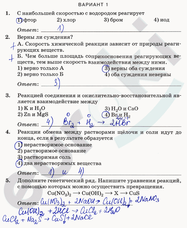 ГДЗ Контрольные и проверочные работы по химии 9 класс. ФГОС. Вариант 1