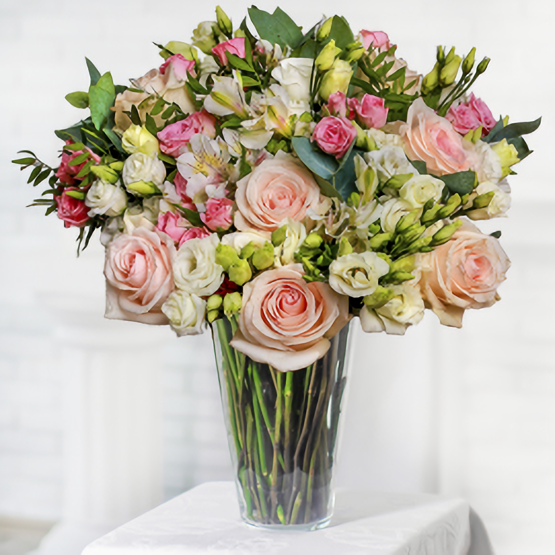 Bouquet for Just Married cream Roses, Spray Roses and Lisianthuses