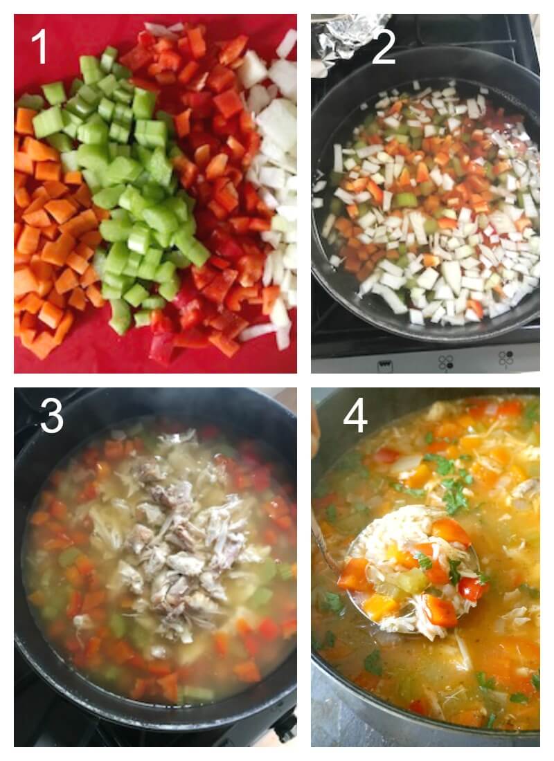 Collage of 4 photos to show how to make leftover turkey and rice soup