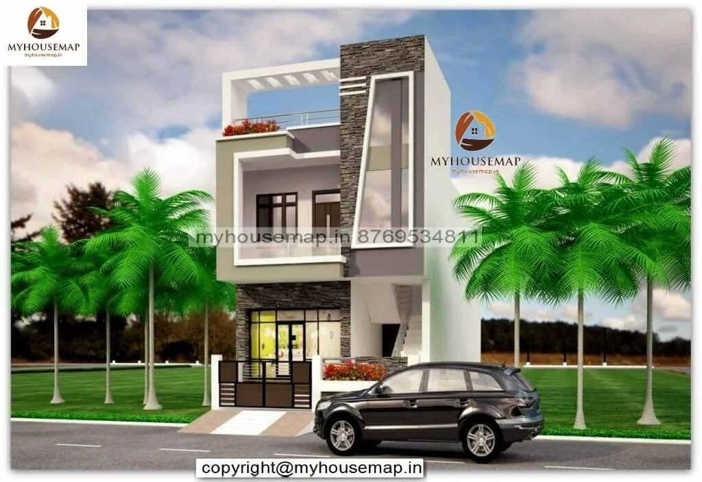 simple front elevation design with double story grey and