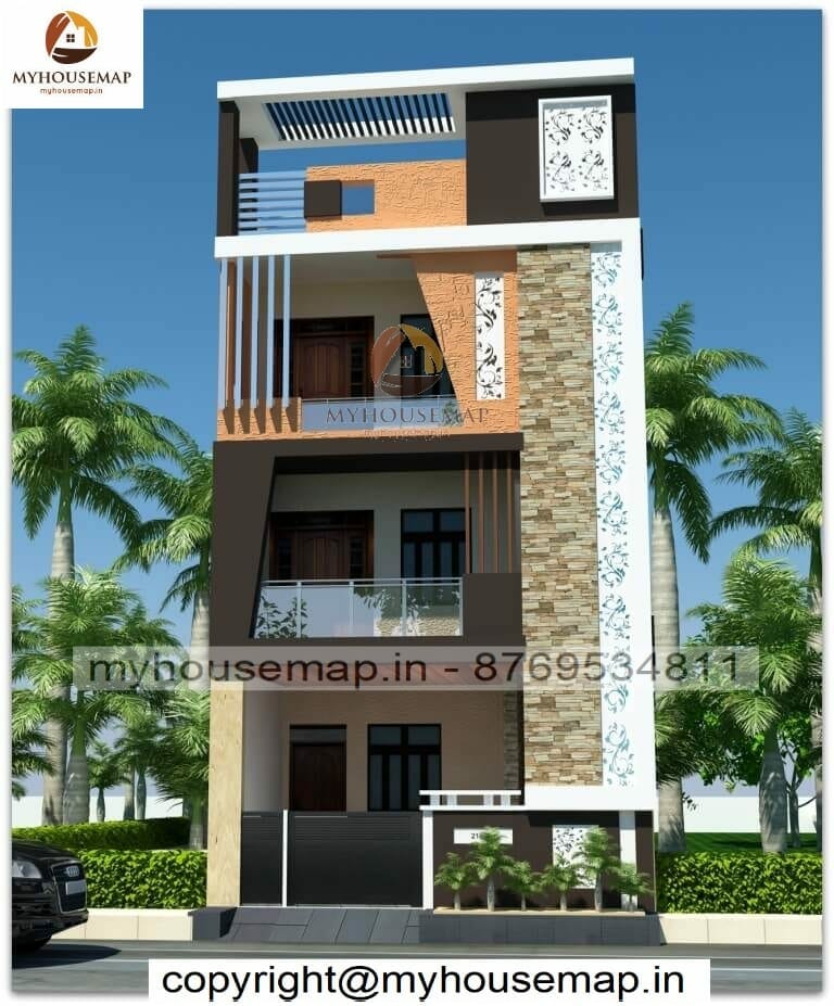 front elevation design 3 floors with parking and cream color tiles