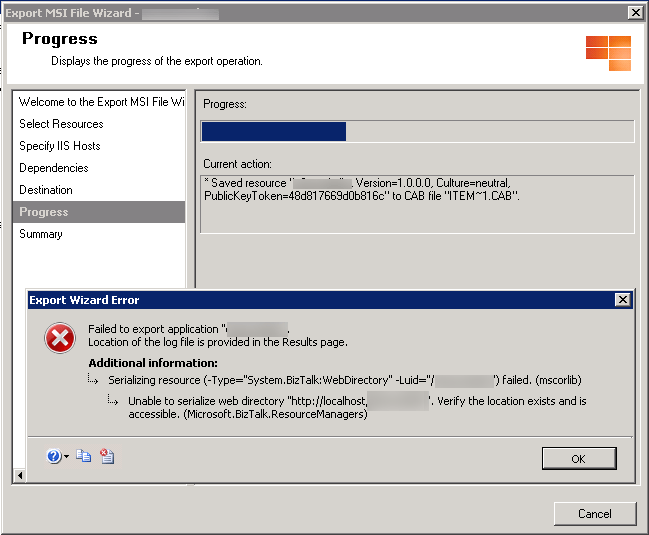 BizTalk Error Unable to serialize web directory
