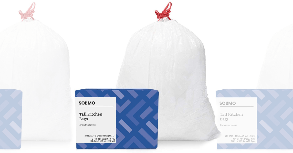 Amazon Solimo Tall Kitchen Drawstring Trash Bags, 13 Gallon, 200 Count