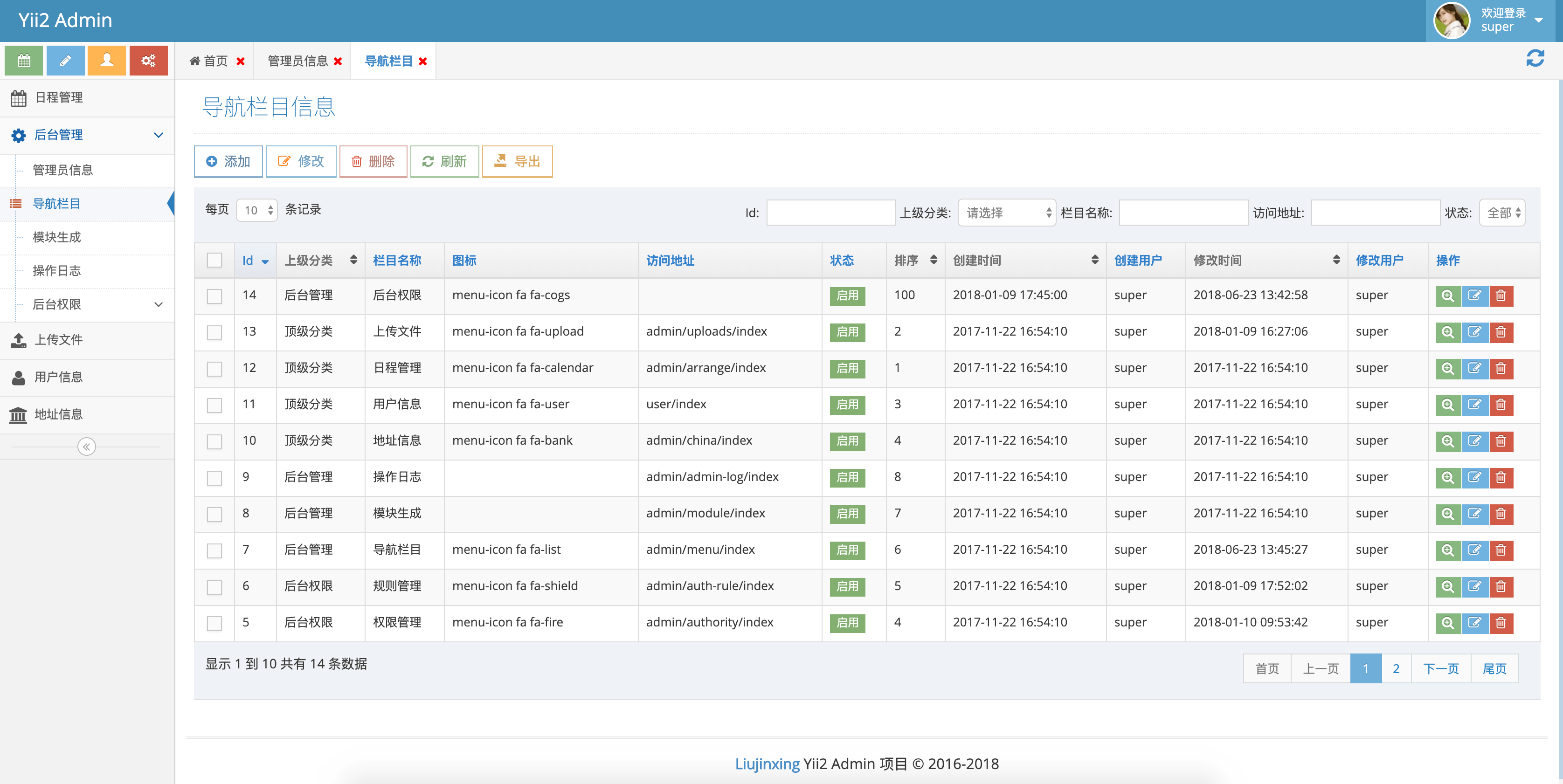 Yii2 Ace Admin Background extension yii2admin