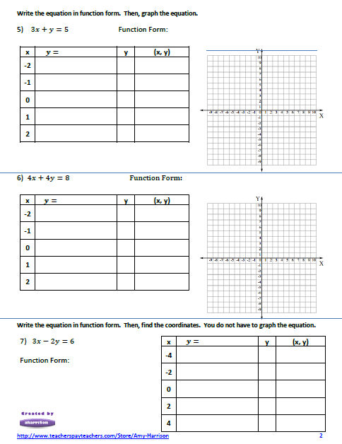 My Math Resources - Linear Equations Worksheet – Create a Table of