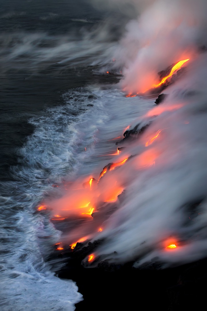 Hot Lava Hits Seawater and Forms Black Sand Beach