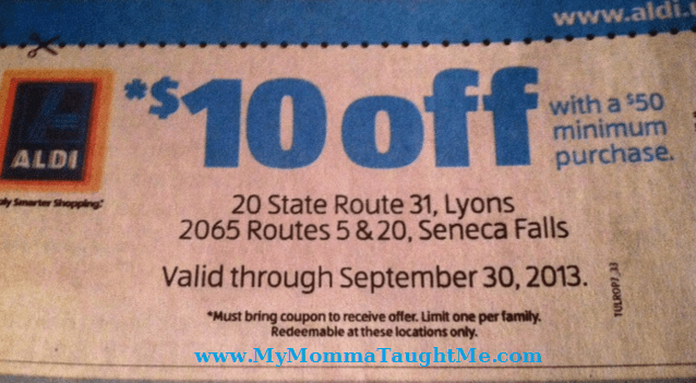 Great $10 off $50+ coupon at Aldi's (select locations) - My Momma Taught Me