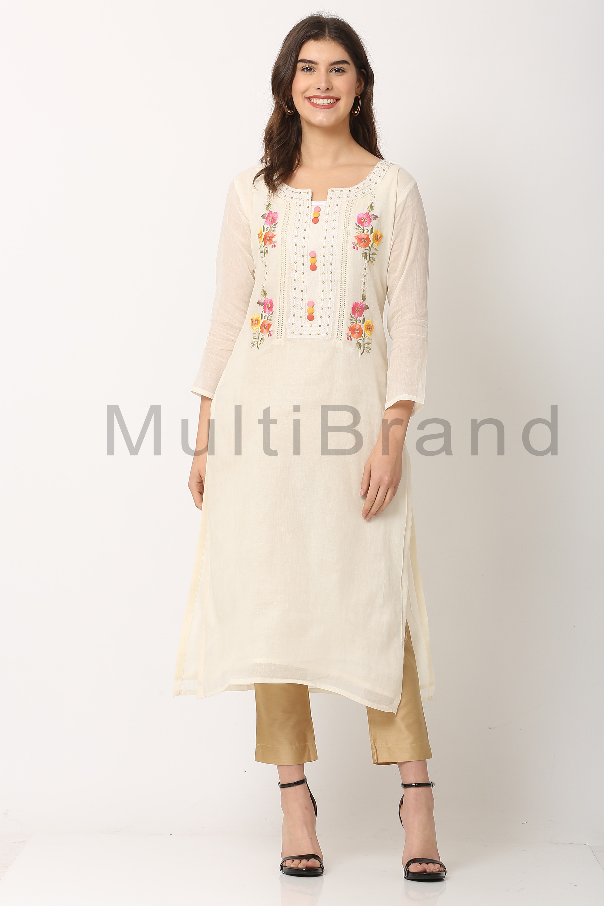 Women Cream Color Floral Printed Straight Line Kurta Multi Brand