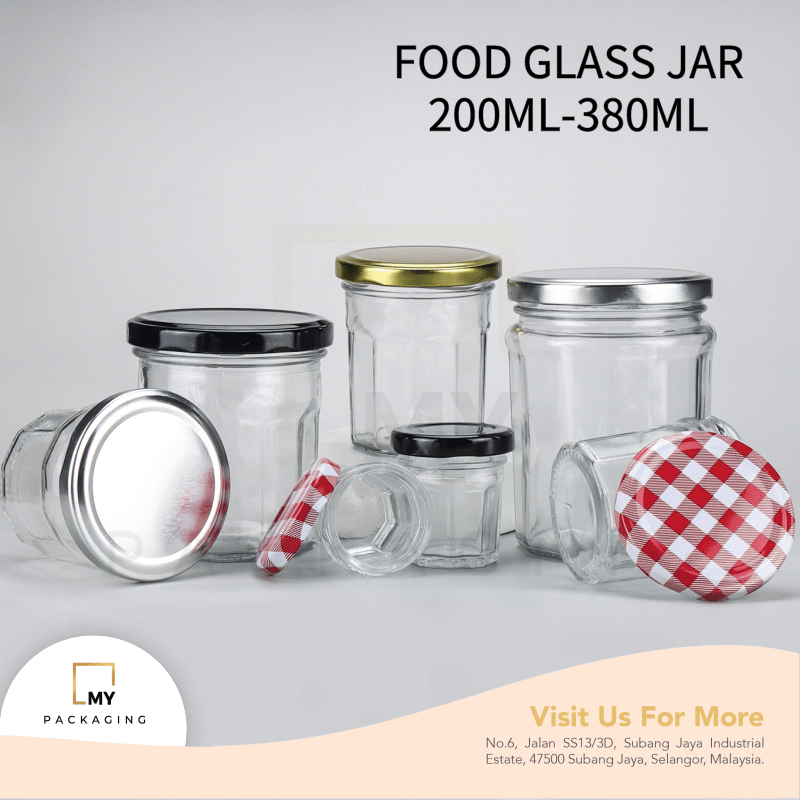 FOOD GLASS JAR 200ML 380ML + BLACK / GOLD / SILVER / RED ALUMINIUM CAP